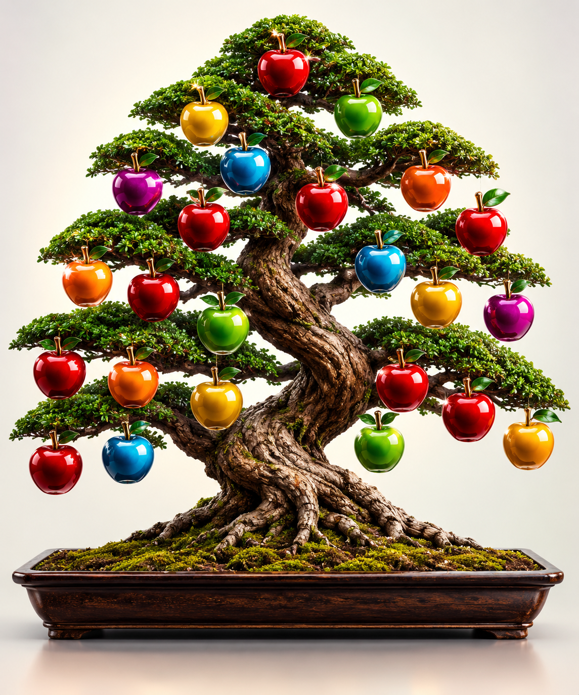 A polished bonsai with glossy candy apples in a dark wooden planter